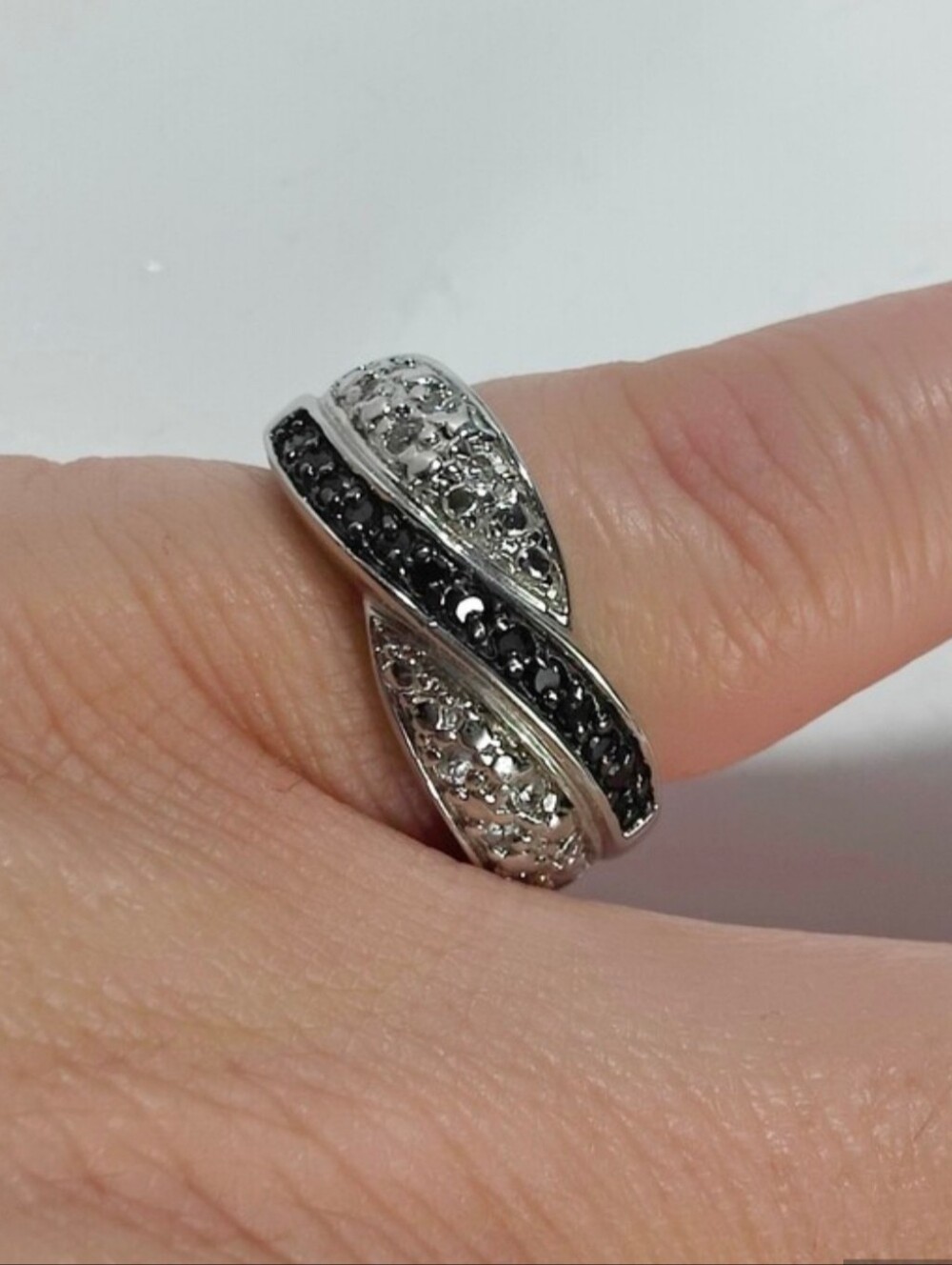 Vintage Style Silver Tone Black & Clear Marcasite Style Ring Size 7 Statement
